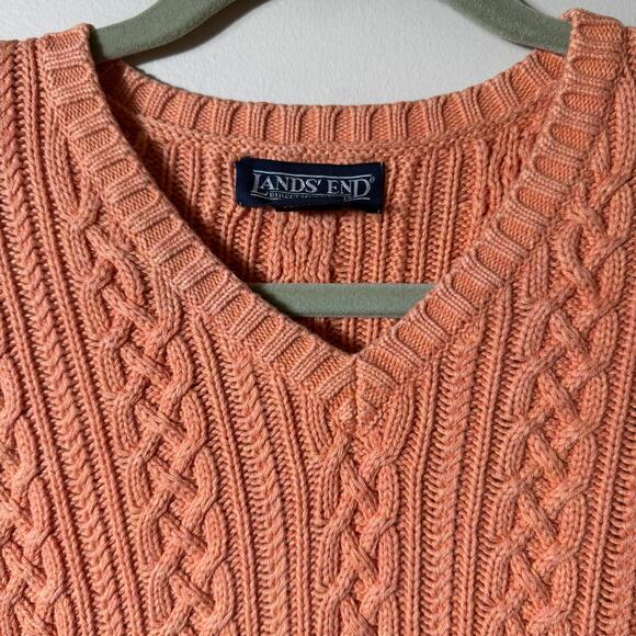 Vintage Lands End Women Cable Knit Sweater SZ S V Neck Orange Classic Fall Cotto - Picture 4 of 10